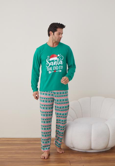 Pijama barbati Craciun "SANTA SHE DID IT" , maneca lunga ,pantaloni lungi,Culoare Verde,Engros